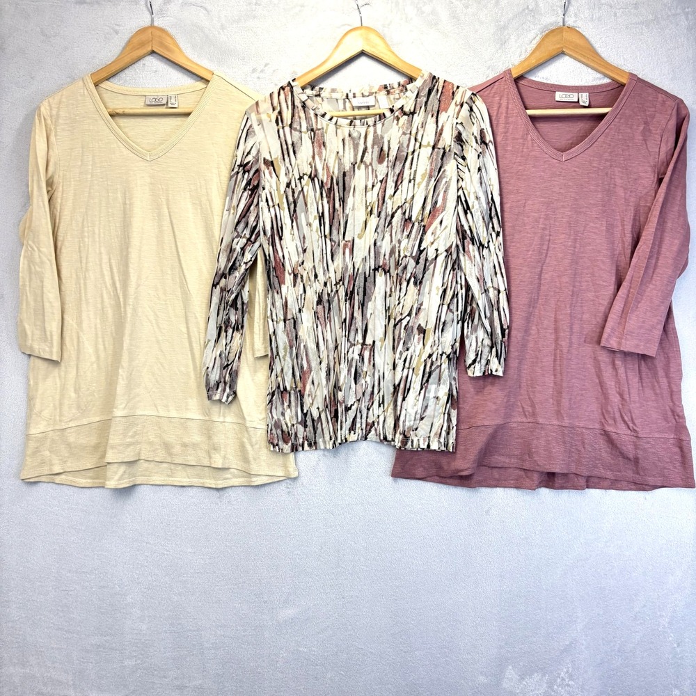 Lot of 3 LOGO by Lori Goldstein Tops Shirt Womens Small Pockets Pink Cream Tunic